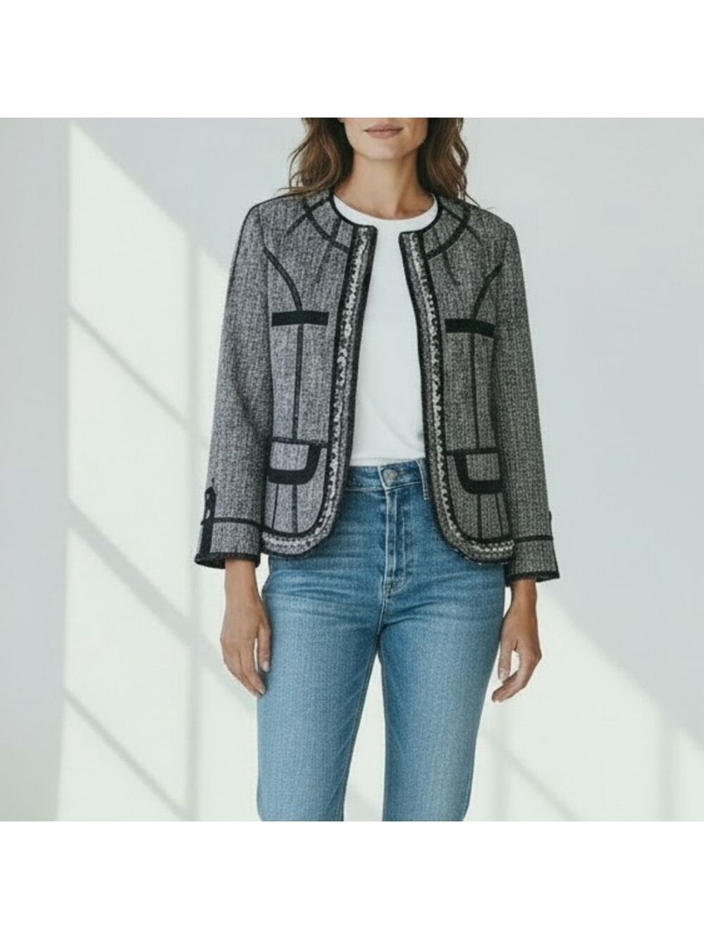 Marc Cain Sports Tweed Zip Jacket Cropped Textured Cotton Blend Size 8
